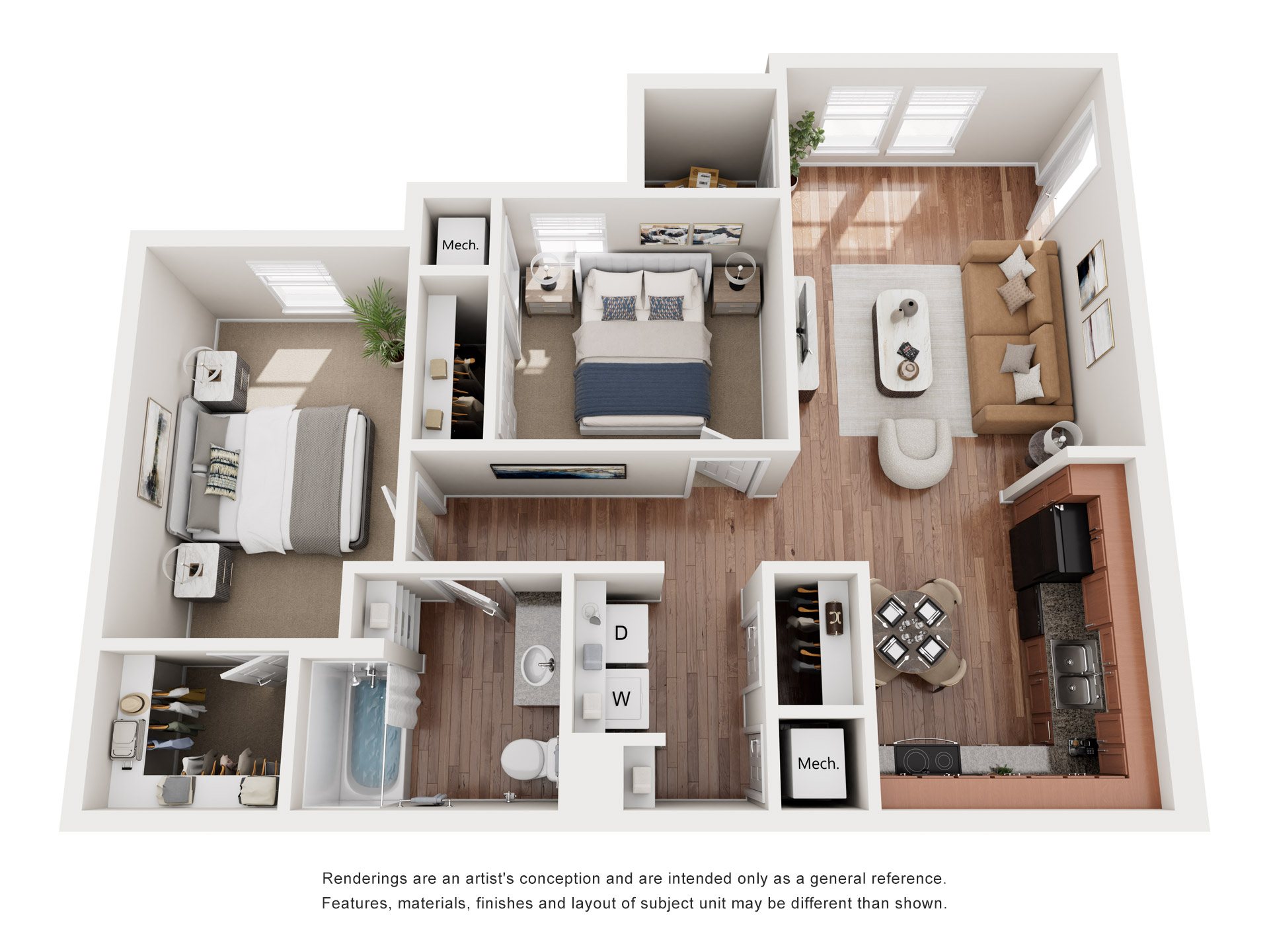 A 3D rendered image of a modern apartment layout.
